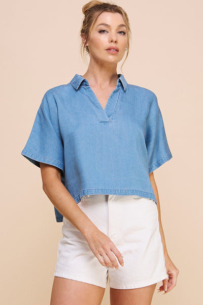 Washed Chambray Collared Dolman Sleeve Top