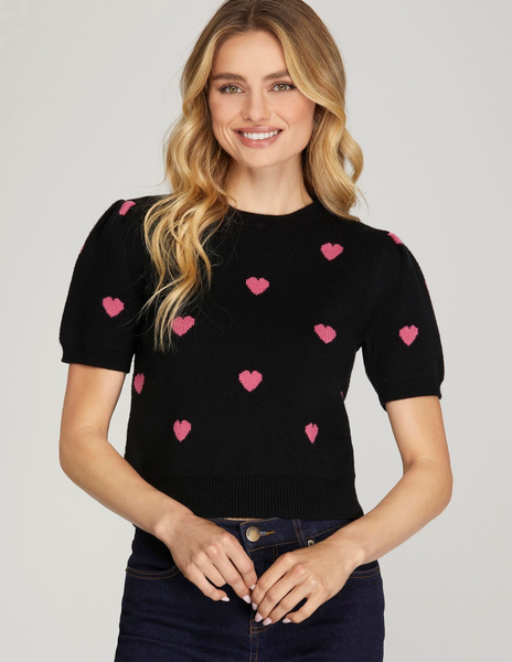 Puff Sleeve Heart Knit Top