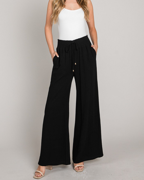 Linen Wide Leg Pants w/ Smocked Waist